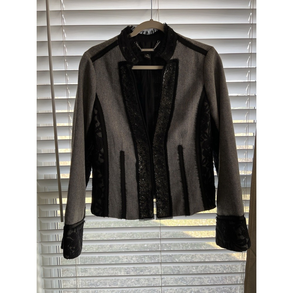 WH/BM Herringbone, Lace And Sequin Embellished Blazer Sz 10 Dressy, Moto, Chic